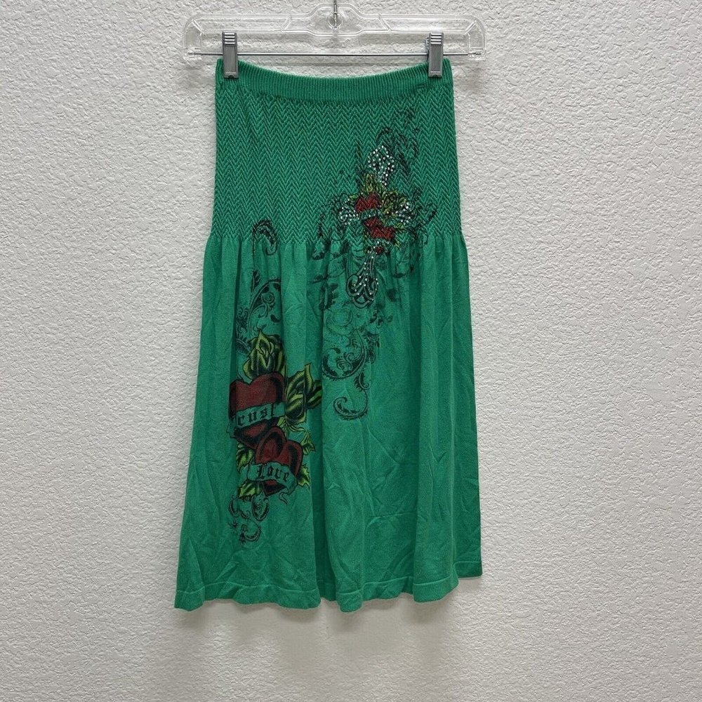 Dynamic USA Dress Women XS S M OS Green Strapless Smocked Trust Love Embellished